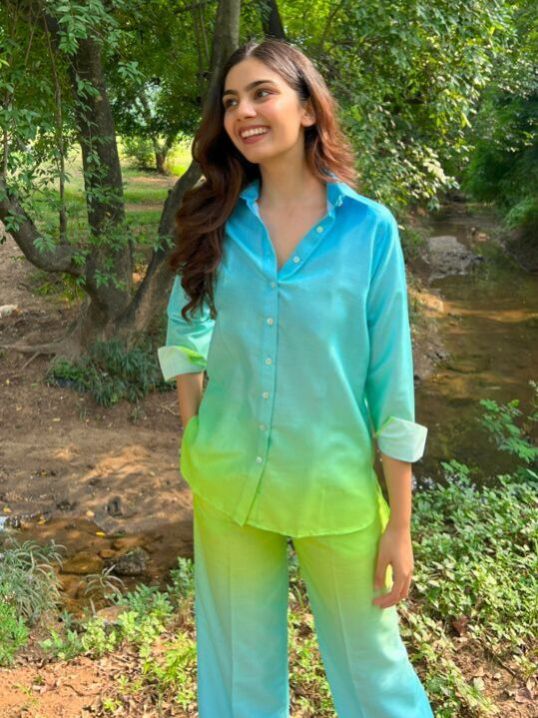 Ladies Blue and Green Lycra Cotton Co-Ord Set