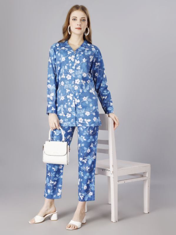 Ladies Blue Printed Cotton Blend Co-Ord Set