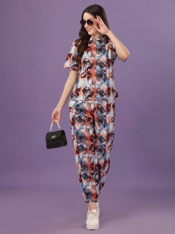 Ladies Brown Cotton Lycra Digital Printed Co-Ord Set