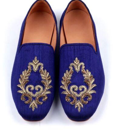 MEN'S HANDMADE ROYAL BLUE RAW SILK EMBROIDERED LOAFERS shoes
