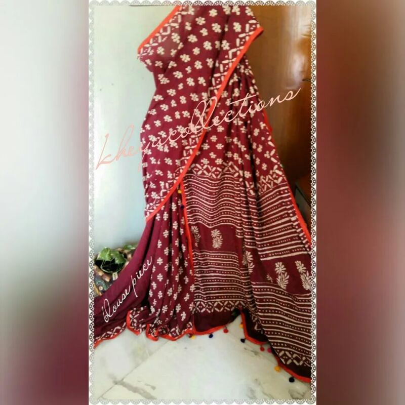 Cotton Dabu Printed Red Saree, Occasion : Casual Wear