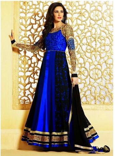 Cotton Blue Embroidered Ladies Bollywood Dress