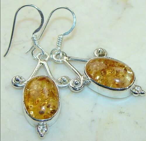 Silver Yellow Amber Earrings