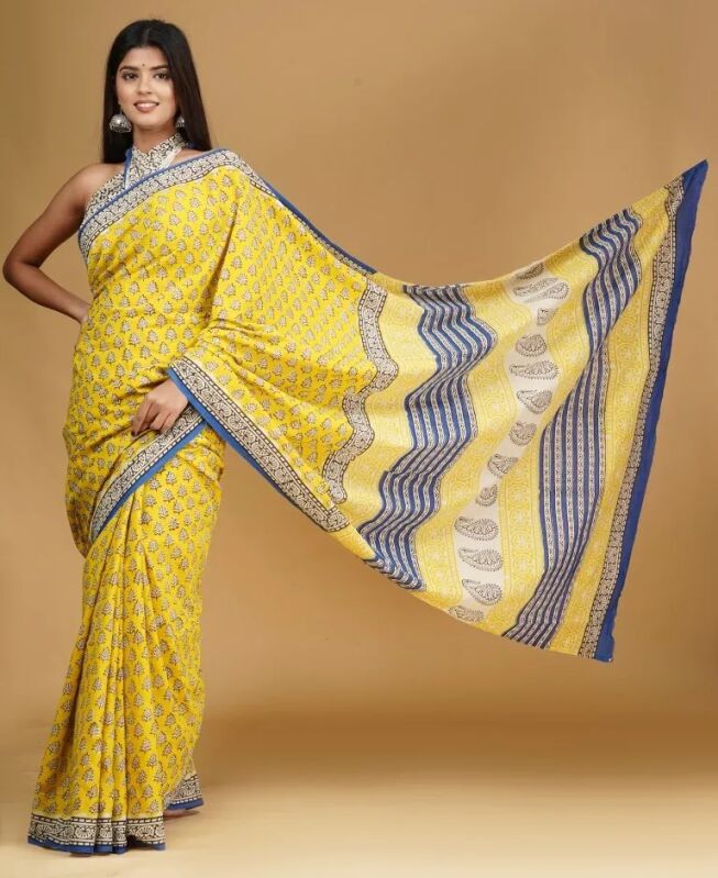 Multicolor Cotton Hand Block Printed Saree