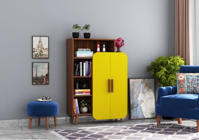Kids Wardrobe with Book Shelf, Color : Marigold Yellow