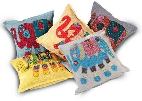 Cotton Designer Elephant Patch Work Quilted Cushion Cover, Size : 16x16 inches