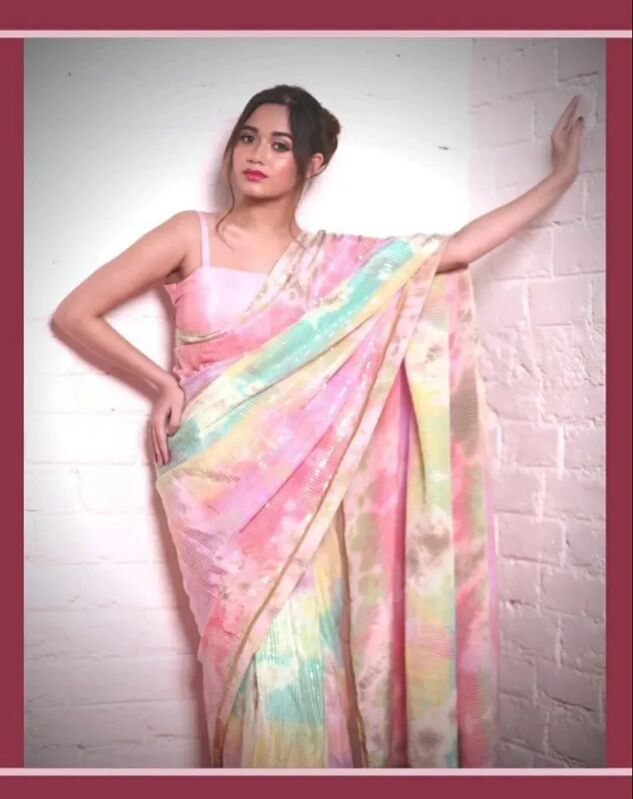 Light Pink Silk Crepe Multicoloured Sequence Saree, Saree Length : 5.50 Mtr