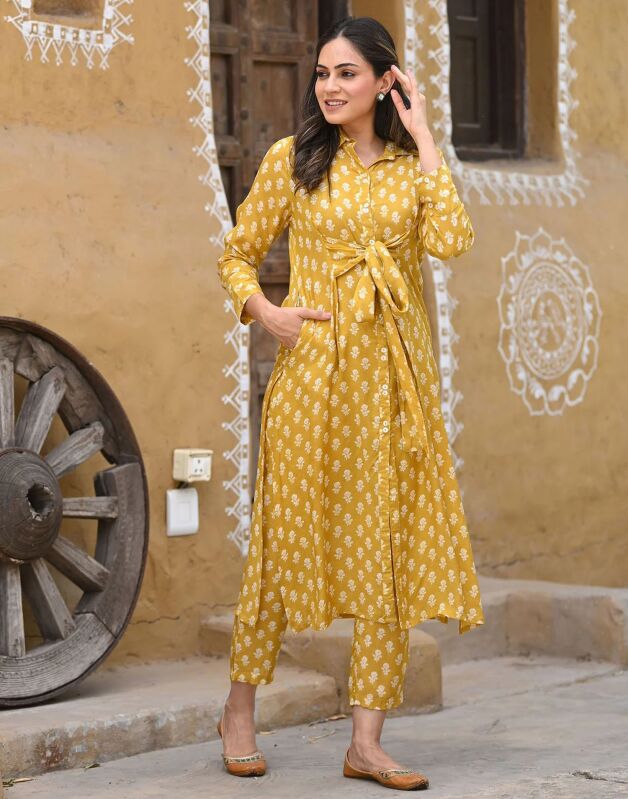 Mustard Tie Up Kurti And Pant Set