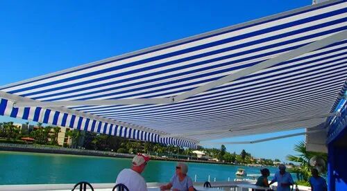 Blue White Window Solution Polyester Roof Retractable Awning, Pattern : Strip Printed