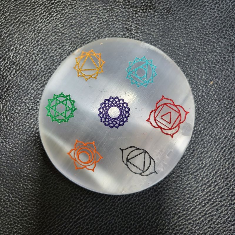 White 7 Chakra Selenite Charging Stone Plate, For Healing, Shape : Round
