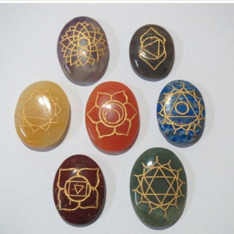 Oval Seven Chakra Engraved Healing Stone Set, Color : Multicolour