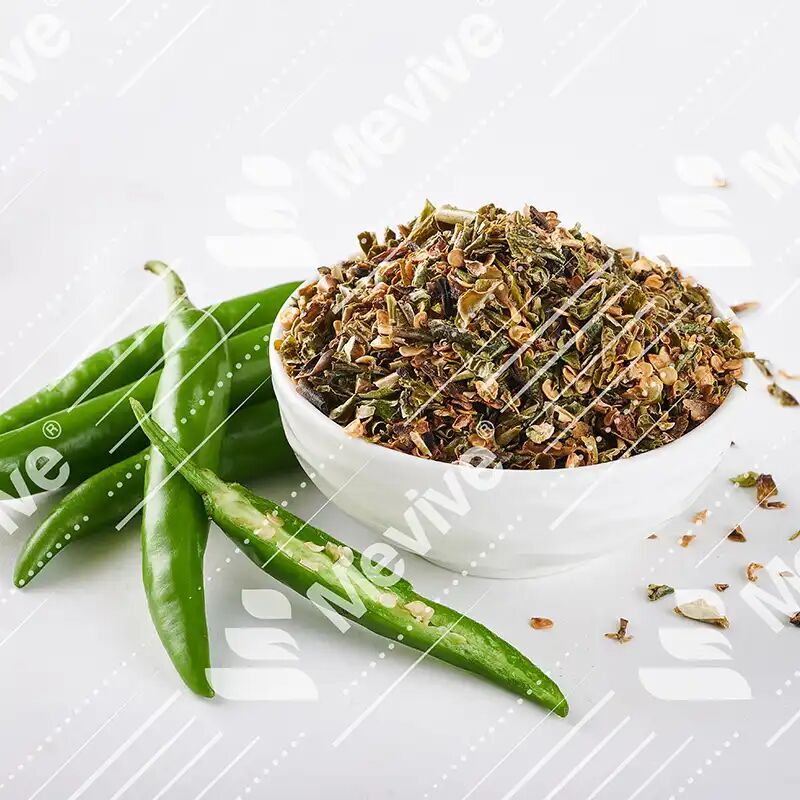 Dehydrated Green Chilli Flakes for Commonly used in Spice Blends, Soup Powders, Food Premixes, Health Food