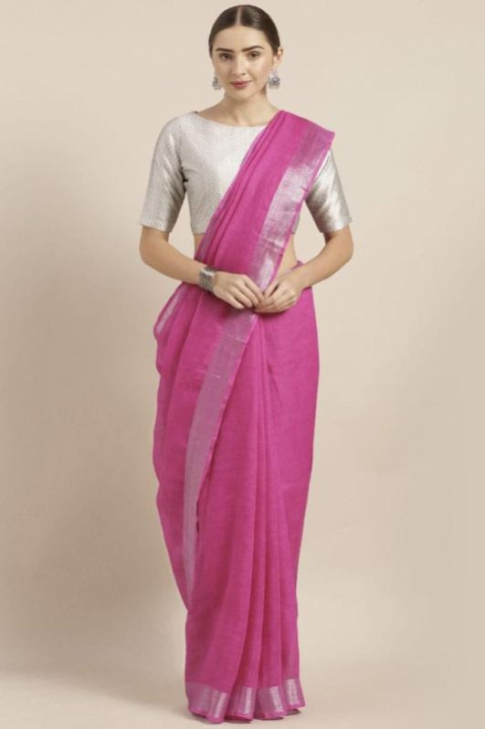 Khadhail Banarase Plain Unstitched Pink Munga Silk Saree, Packaging Type : Packet