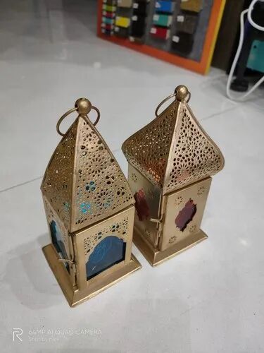 Creatick Impex Glass Brass Moroccan Table Lantern, for Decoration, Packaging Type : Carton Box