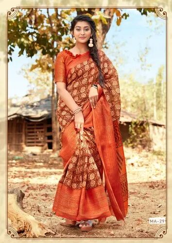 Printed Linen silk sarees, Saree Length : 6 m (with blouse piece)