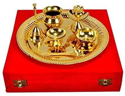 Brass Gold Plated Pooja Thali, Packaging Type : Red Velvet Box