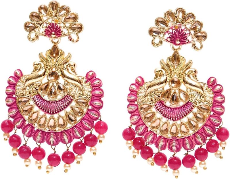 Pink Golden Metal Ethnic Bridal Earrings, Occasion : Weeding Wear
