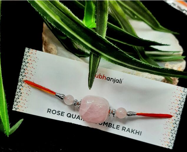 Rose Quartz Tumble Rakhi, Beads Size:Two beads of 6 mm and one bead of 12 mm