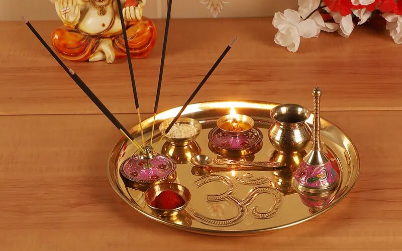 Amaya Decors Brass Pooja Thali Set, Color : Gold