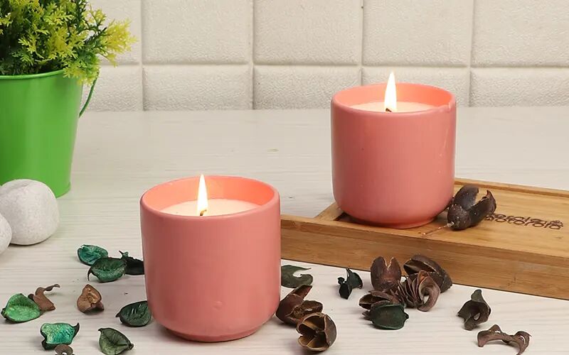 Ceramic Glass Wax Candle Set, Color : Pink