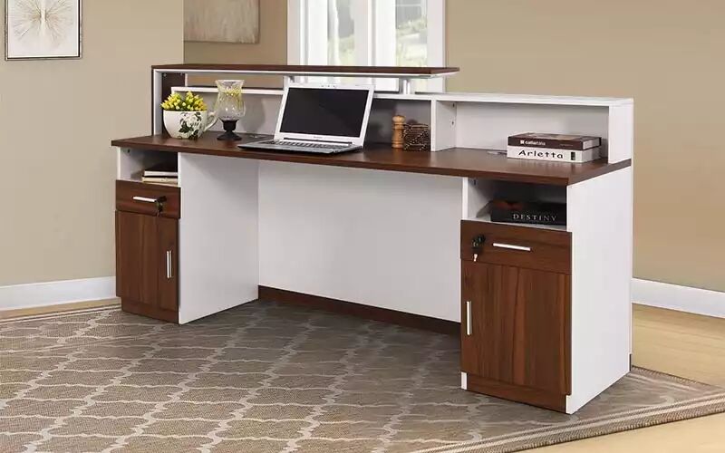 HDF with melamine finish Reception Table, Color : White + Walnut