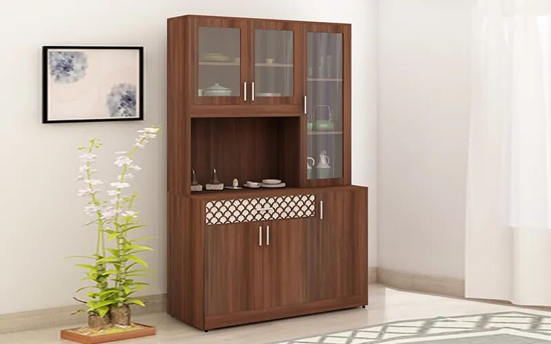 HDF with melamine finish Three Door Crockery Unit, Color : Walnut