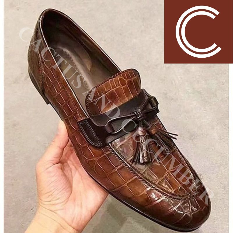 Mens Brown Crocodile Pattern Leather Loafers, Size : UK / India 6 - UK / India 11