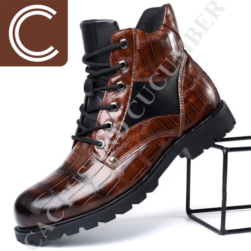 Mens Brown Crocodile Pattern Leather Boot, Size : UK / India 6 - UK / India 11