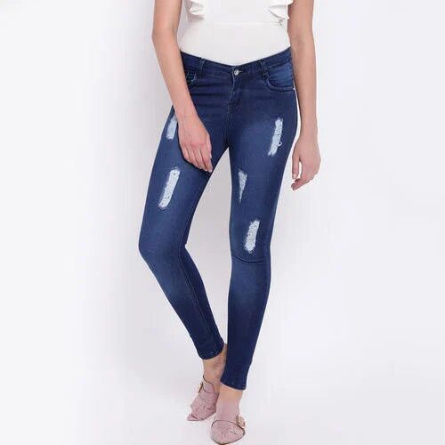 Blue Skinny Ladies Rough Denim Jeans, Closer Type : Zipper, Stretch Type : Stretchable