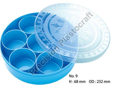 No. 9 Plastic Round Masala Box, for Spice Storage, Feature : Supreme Finish, Moisture Proof, Light Weight