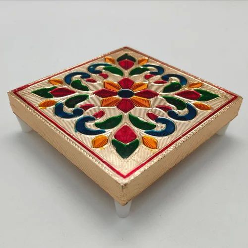 Square 10x10 Inch Meenakari Wooden Pooja Chowki, for Worship, Feature : Attractive Pattern, Durable