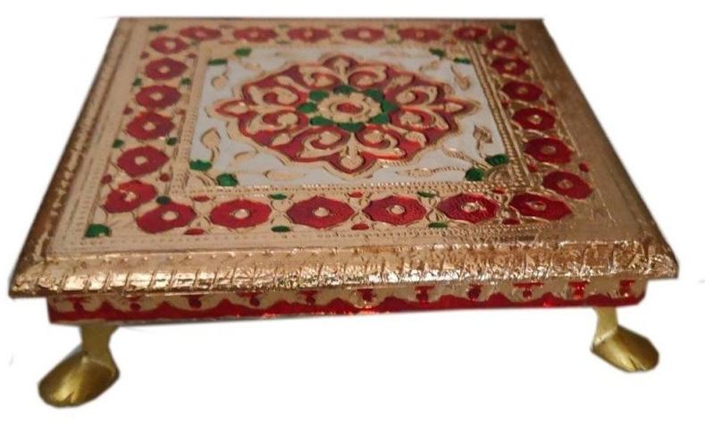 Square 4x4 Inch Meenakari Wooden Pooja Chowki, for Worship, Feature : Attractive Pattern, Durable