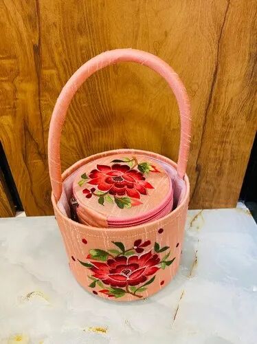 Round Embroidered Box & Basket Set, Color : Pink