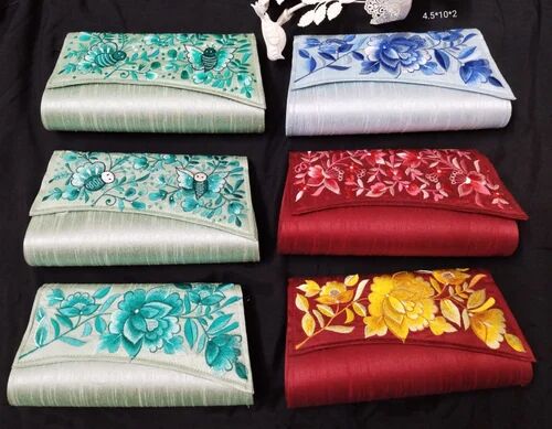 Multicolor Floral Silk Embroidered Flap Clutch Bag, Closure Type : Magnetic Snap