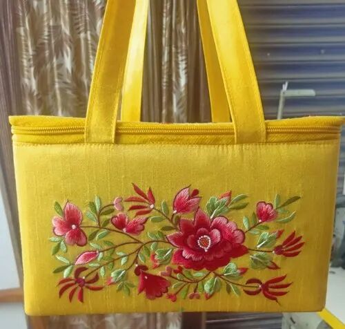 Silk Yellow Embroidered Hand Bag, Size : 12x10inch
