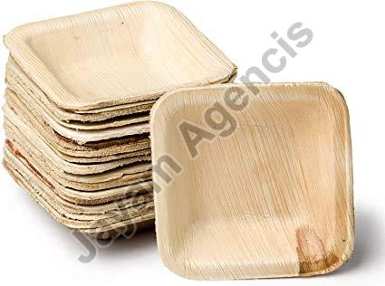 4 Inch Square Areca Leaf Plate, for Serving Food, Color : Light Brown