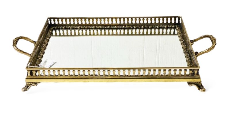 Rectangular Polished Glass brass serving trays, Color : Golden