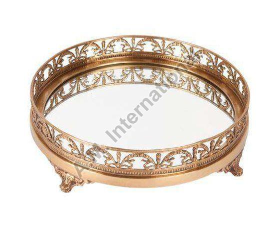 Glass Casted Bow Polished Round Brass Mirror Tray, For Homes, Hotels, Restaurants, Wedding, Packaging Food Items