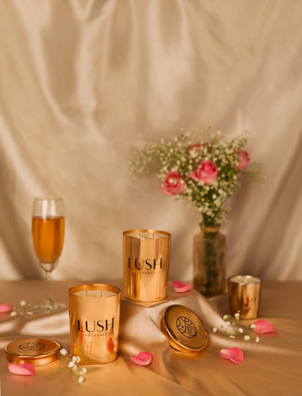 Highest Grade Soy Wax Pink Champagne Scented Candles, for Decoration, Speciality : Smokeless, Attractive Pattern