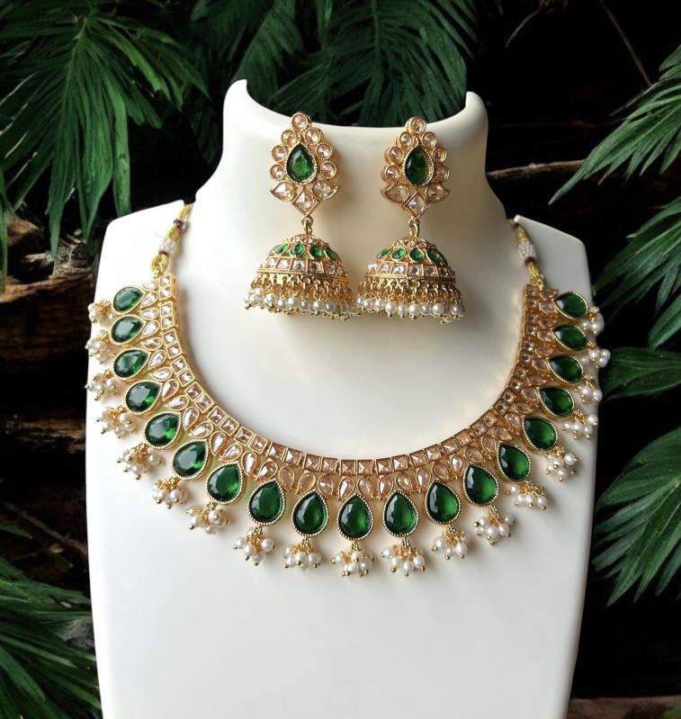 Brass Green Gold Plated Stone Necklace Set