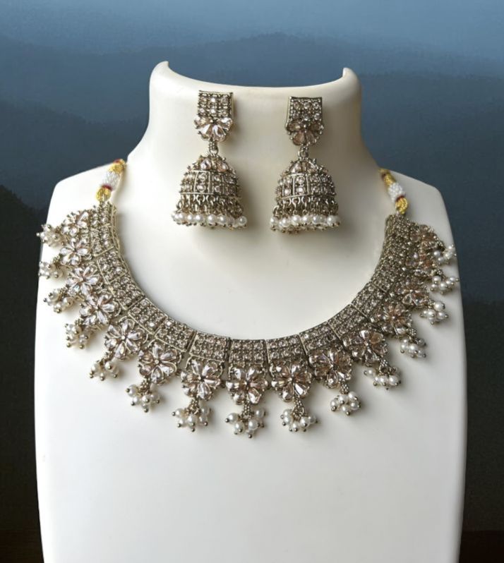 Party Wear Silver Brass Necklace Set