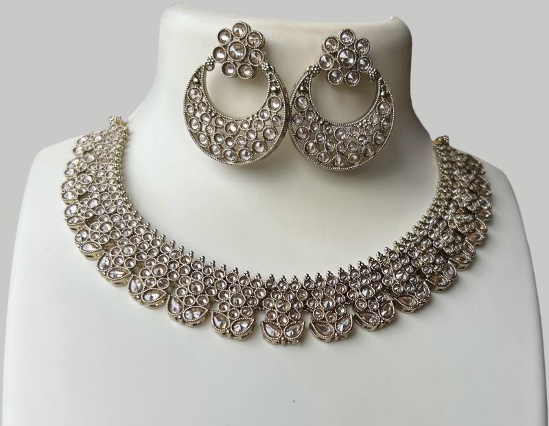 Party Wear Silver Brass Necklace Set