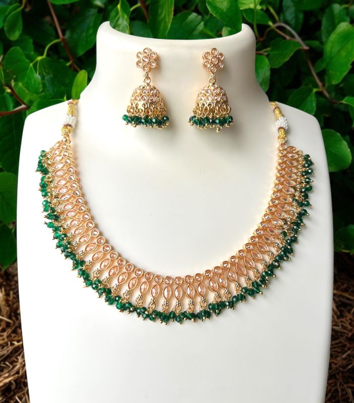 Brass Green Gold Plated Stone Necklace Set