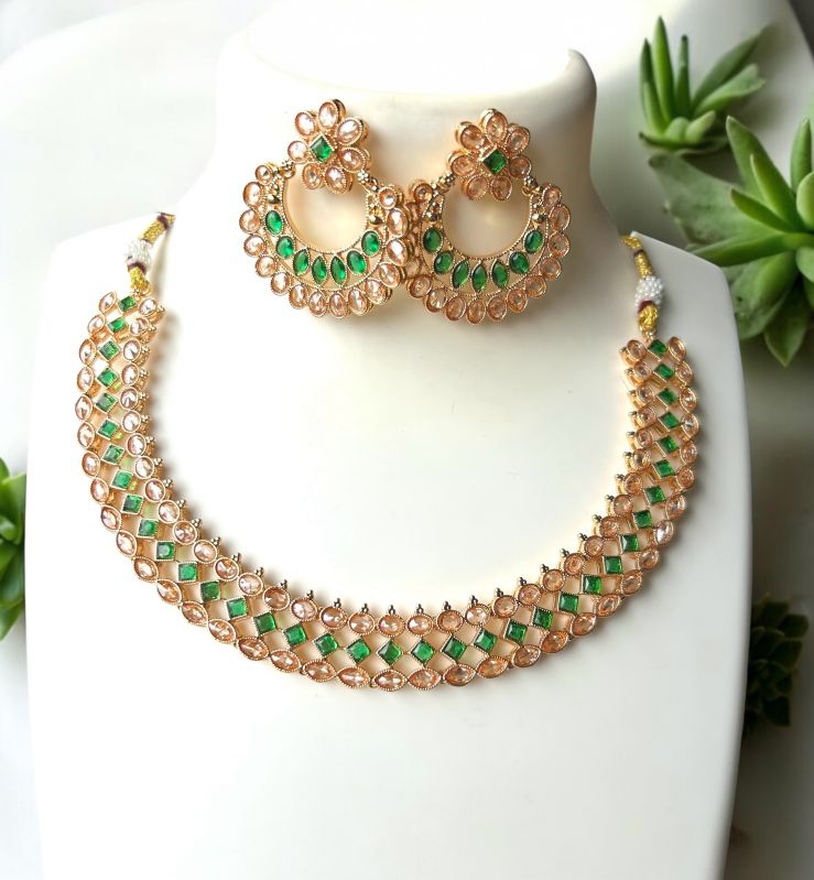 Brass Green Gold Plated Stone Necklace Set