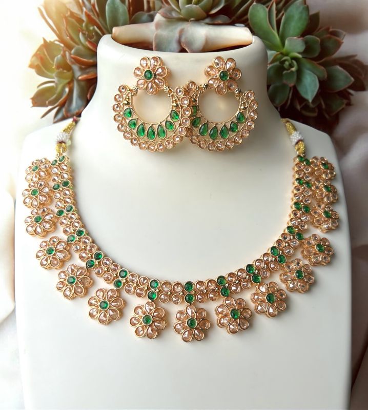 Brass Green Gold Plated Stone Necklace Set