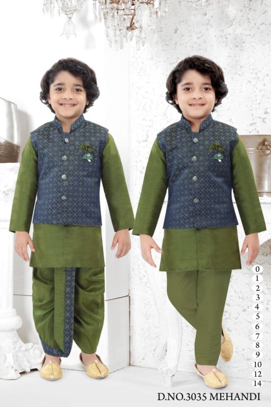 0-14 Years Boys Green Dhoti Kurta Combo Set