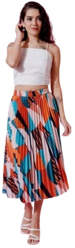 Abstract Print Polyster Multicolor Pleated Skirt