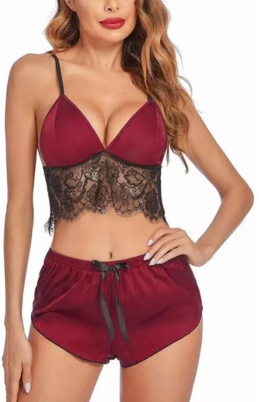 Maroon 2 Pcs Semi-sheer Satin Babydoll Dress