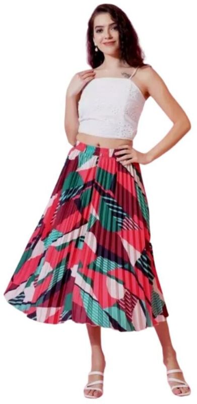 Abstract Print Polyster Multicolor Pleated Skirt