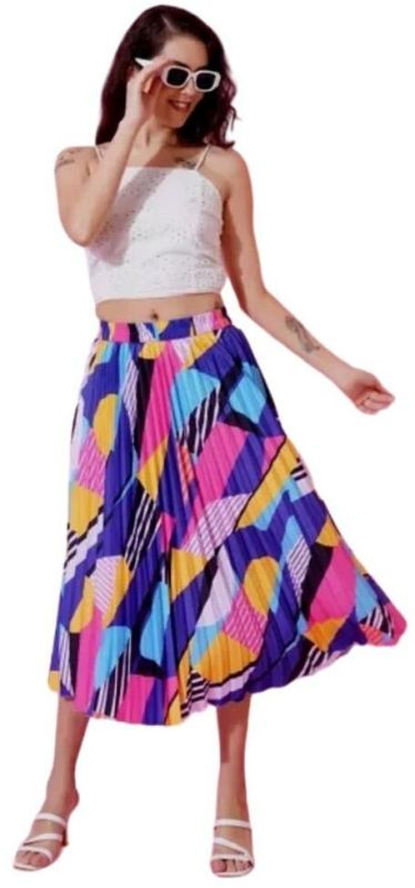 Abstract Print Polyster Multicolor Pleated Skirt